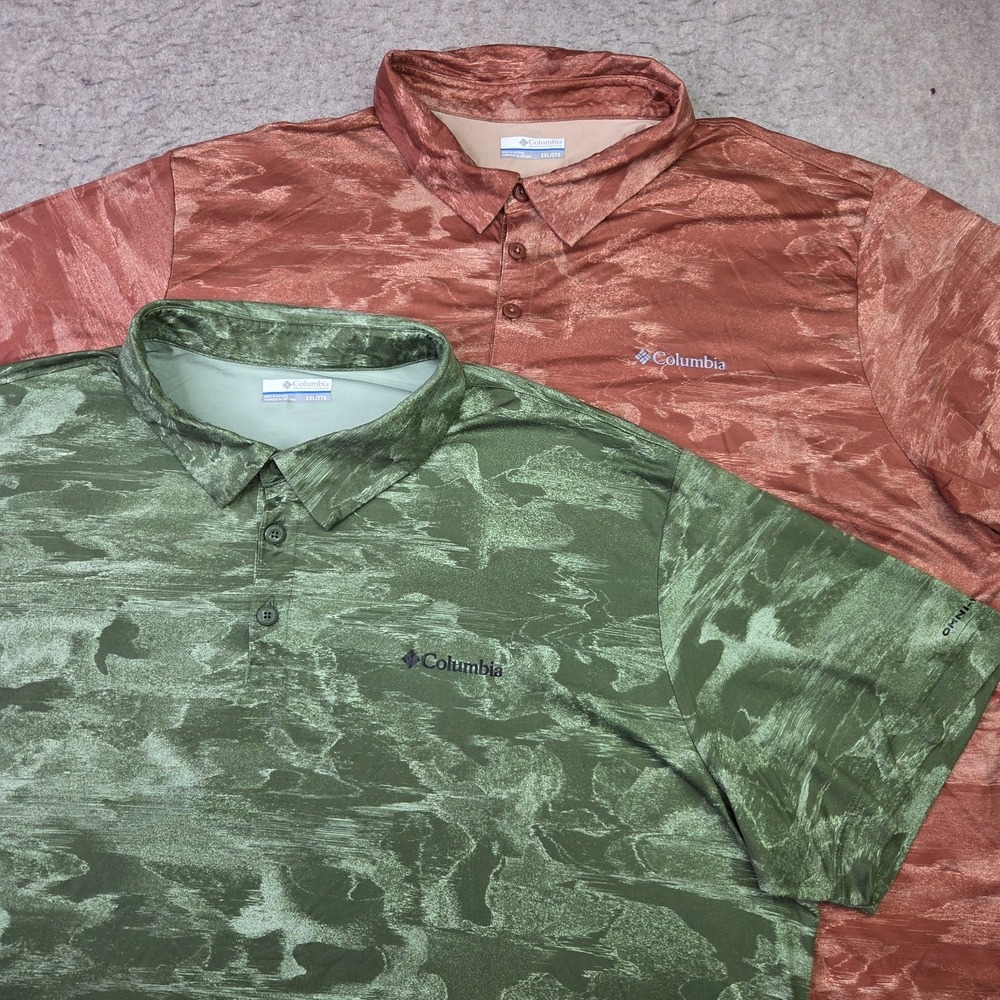Lot of 2 Columbia Omniwick Polo Shirts Mens 2XL Green Camo Short Sleeve Flex